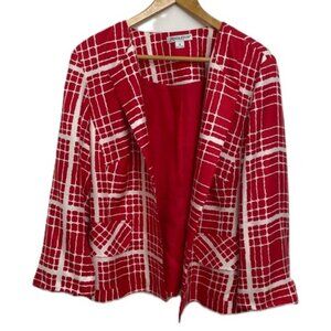 Pendleton Silk Lady Jacket Sz 18 Open Front Red & White Lined Geometric Pockets